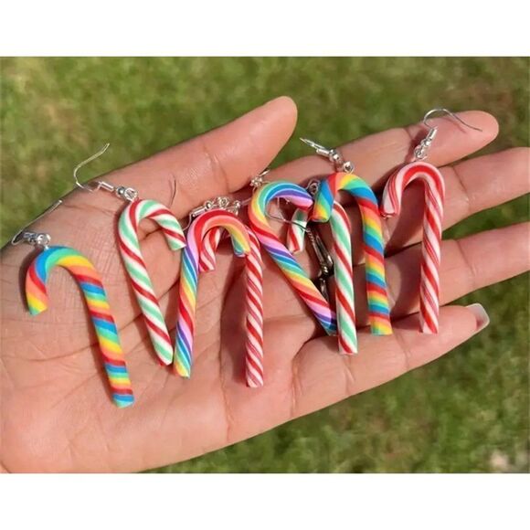 New! Rainbow Candy Cane Dangle Earrings! Christmas so Cute!! - Picture 3 of 3